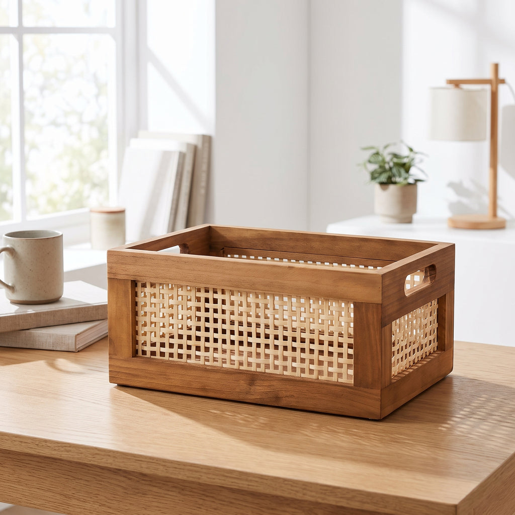 Solid wood storage box with woven rattan lattice sides and cutout handles on a wooden desk