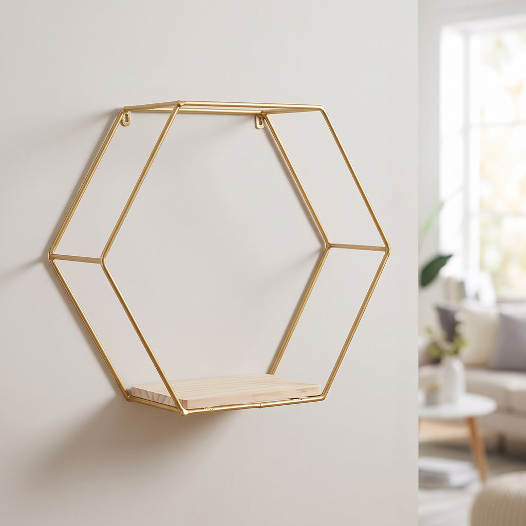 Gold hexagon floating wall shelf with wood shelf base mounted on a living room wall