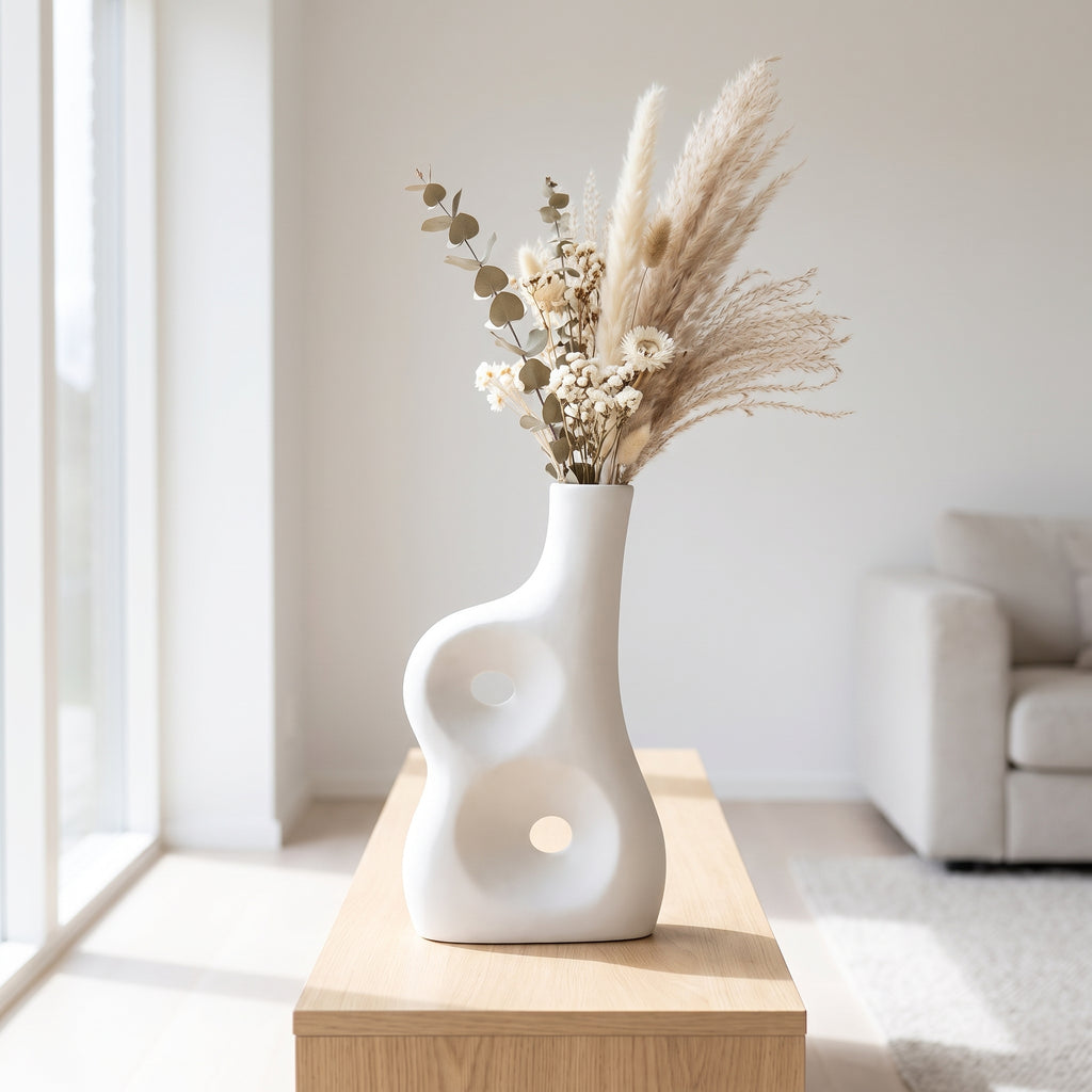 Sculptural white ceramic vase with dried pampas grass and eucalyptus arrangement on a wooden console table in a bright Nordic-style living room