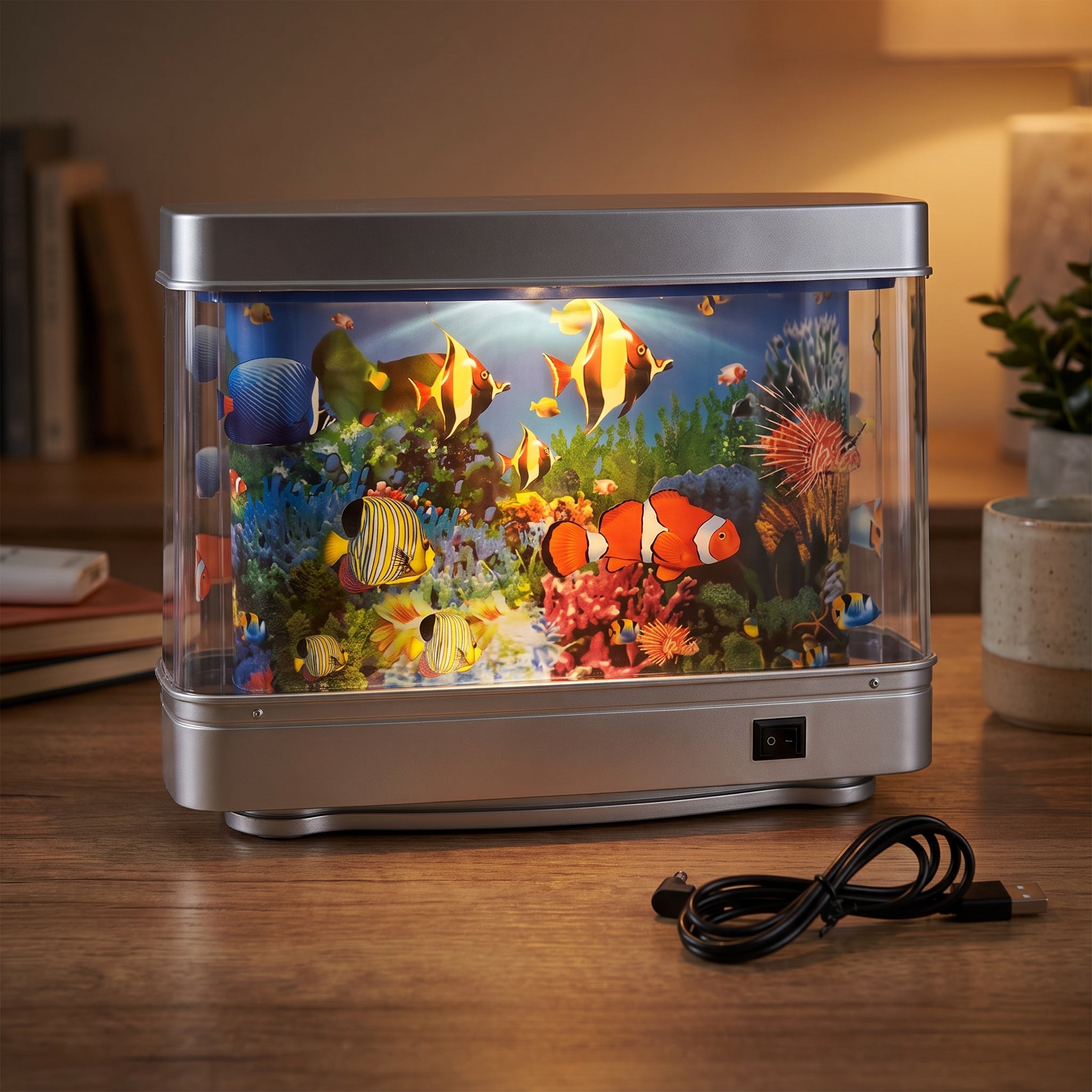 Desktop decorative aquarium light with illuminated tropical fish scene and USB cable on a wooden desk